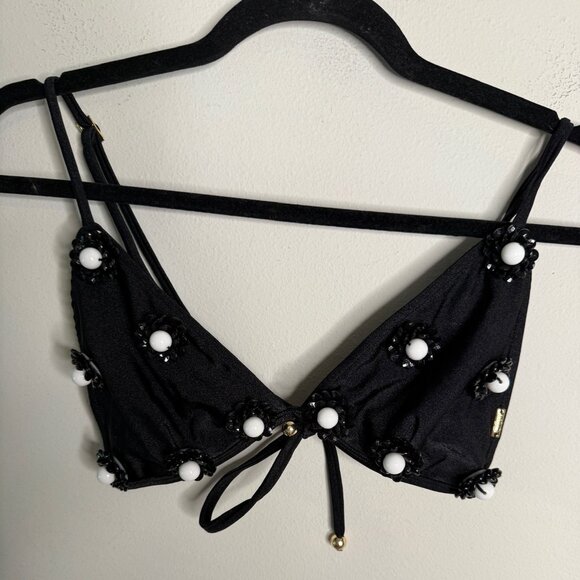 PatBO Women's Large Black Floral Applique Bikini Top Tie Front Swimsuit Beach - Picture 4 of 7